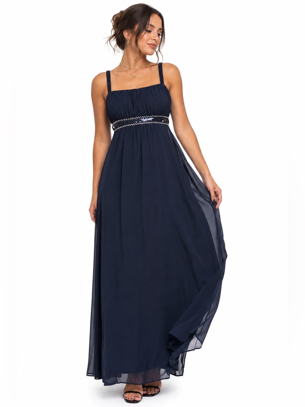 90s Vintage Chiffon Maxi Dress  w Sequin Waist & Ruched Bust (Navy) Size Small